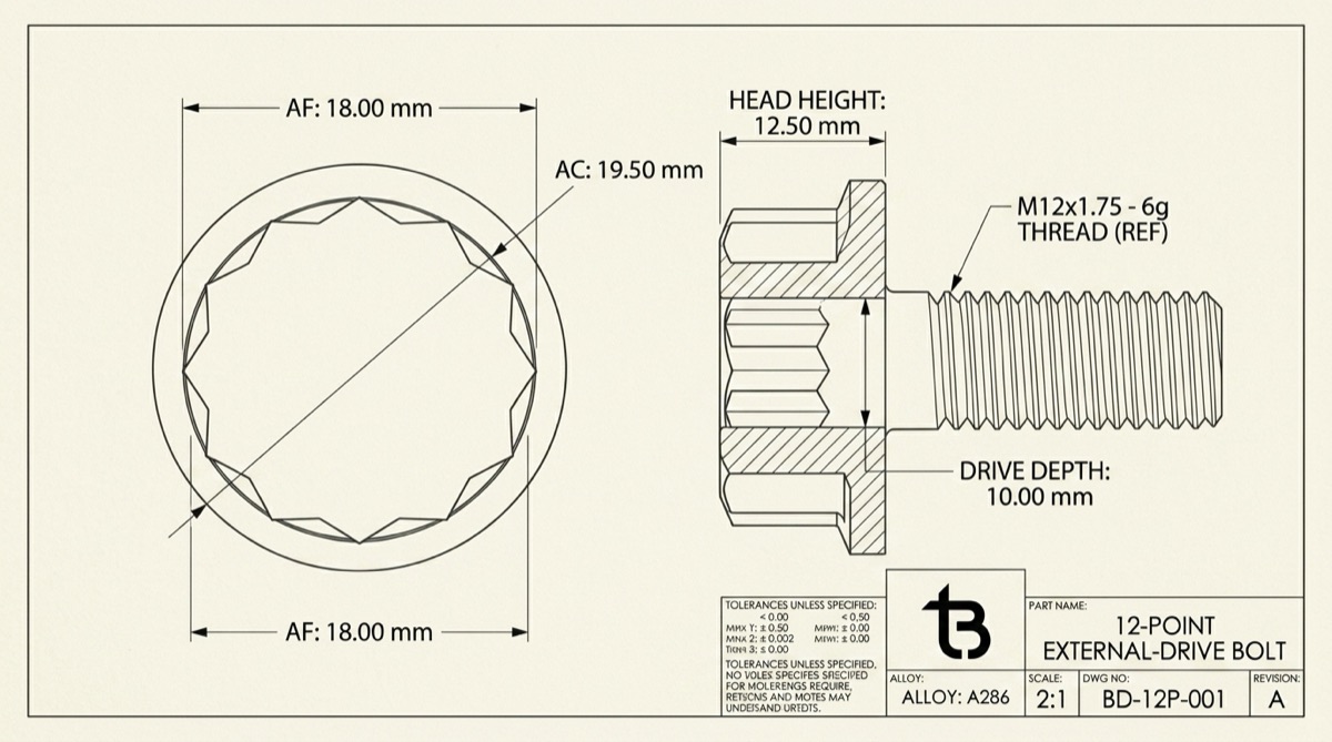 12-Point Bolt Head Dimensions, TorqBolt 12-point fastener with tB ligature and alloy grade marking