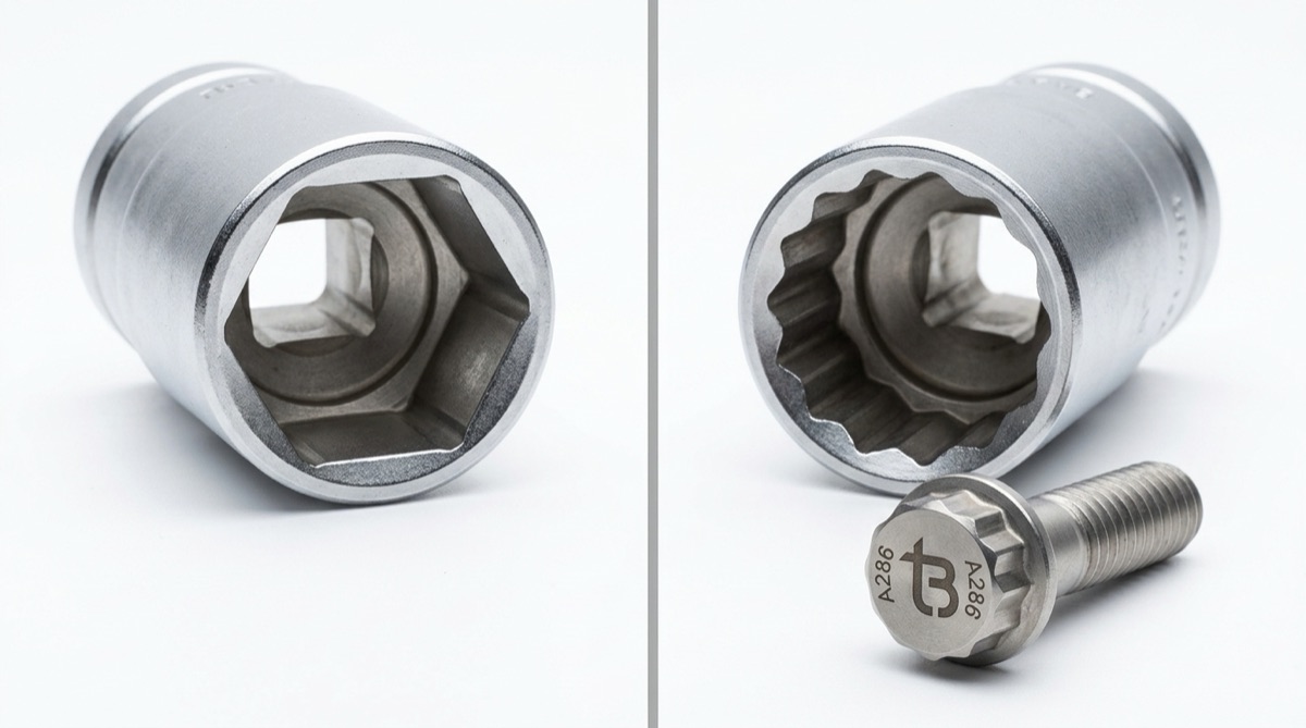 12-Point vs 6-Point Socket, TorqBolt 12-point fastener with tB ligature and alloy grade marking