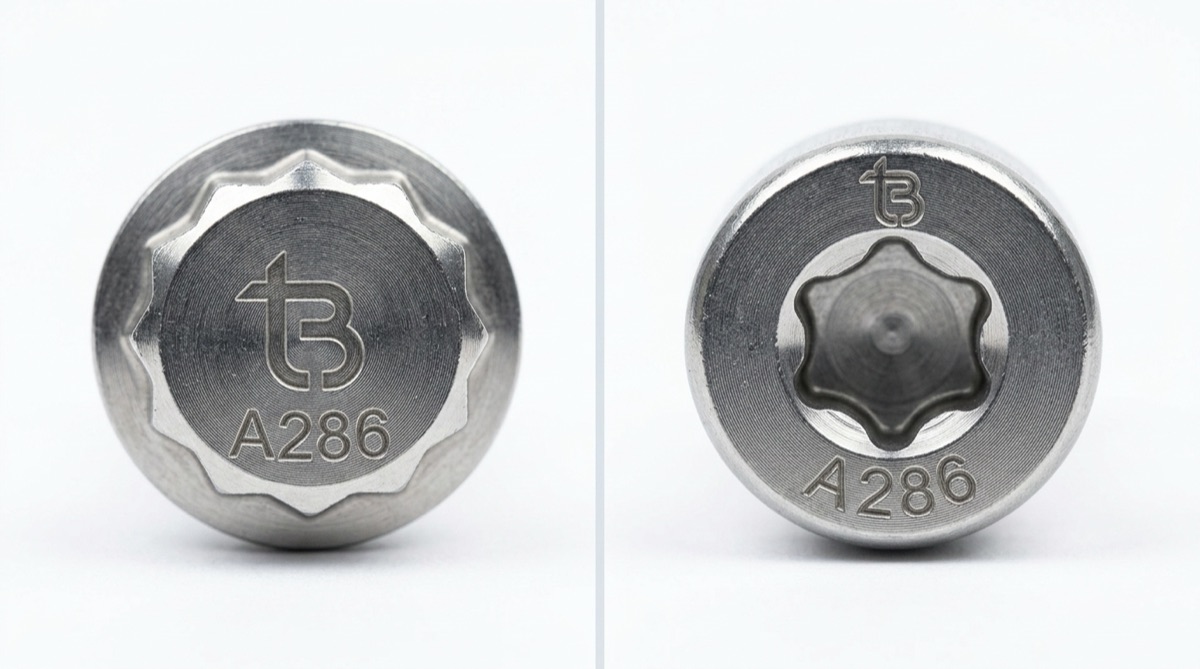 External vs Internal 12-Point Drive Systems, TorqBolt 12-point fastener with tB ligature and alloy grade marking