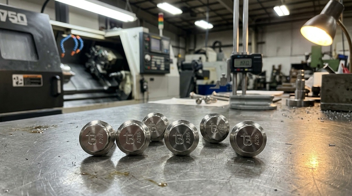 Twelve-point aerospace bolts on a fastener QC bench, each head stamped with the tB ligature and alloy grade marking