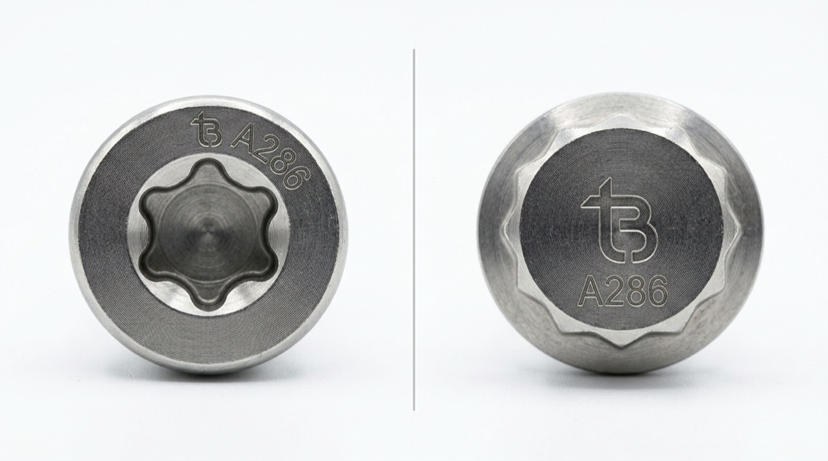ISO 14579 (Hexalobular Internal Drive), Not External 12-Point, TorqBolt 12-point fastener with tB ligature and alloy grade marking