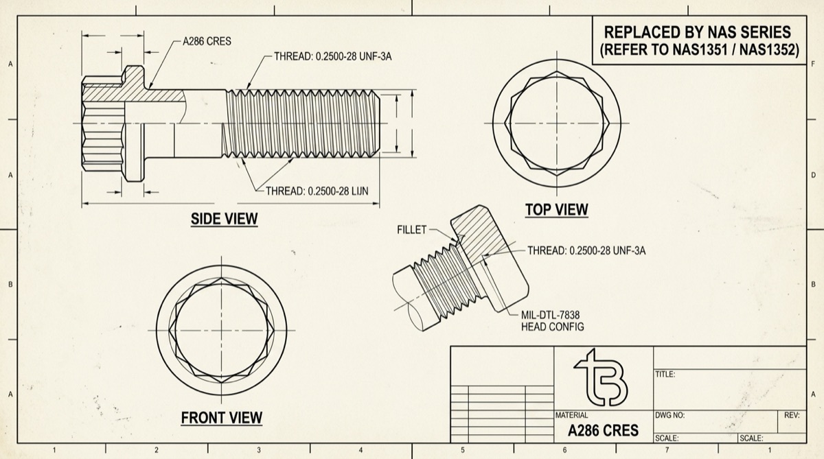 MIL-DTL-7838 legacy 12-point aerospace bolts, TorqBolt 12-point fastener with tB ligature and alloy grade marking