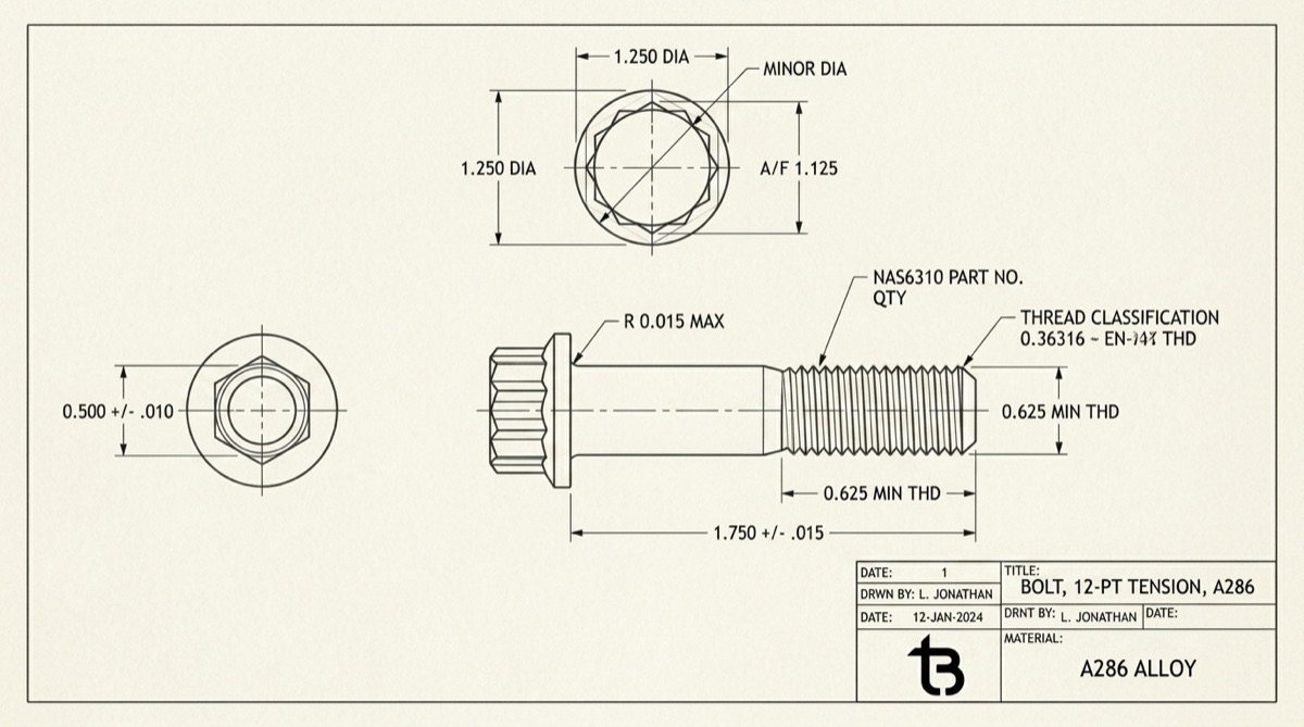 NAS6310 tension 12-point bolts, TorqBolt 12-point fastener with tB ligature and alloy grade marking