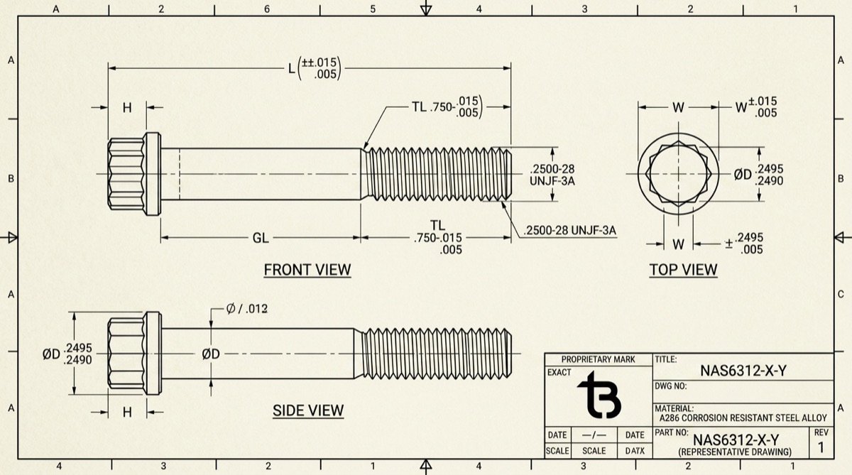 NAS6312 tension 12-point bolts, TorqBolt 12-point fastener with tB ligature and alloy grade marking