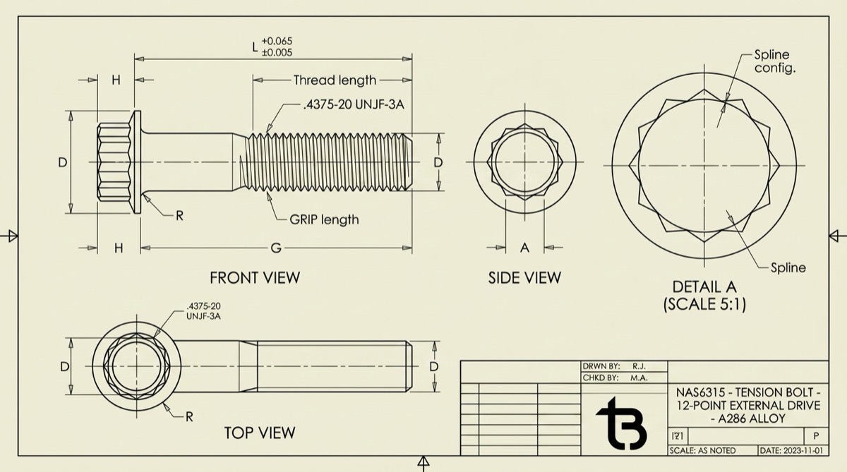 NAS6315 tension 12-point bolts, TorqBolt 12-point fastener with tB ligature and alloy grade marking