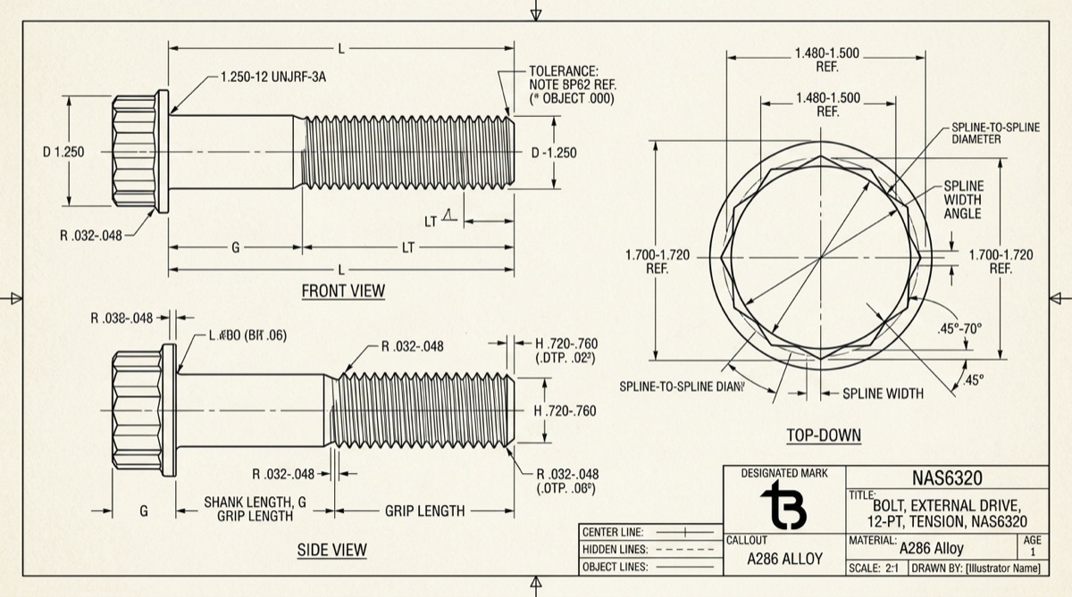 NAS6320 tension 12-point bolts, TorqBolt 12-point fastener with tB ligature and alloy grade marking